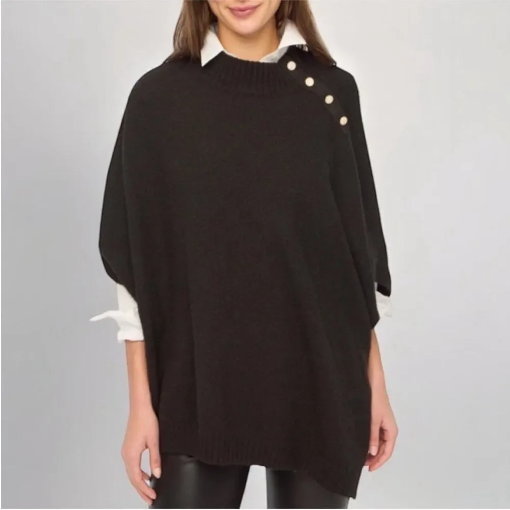 J.Crew Black Wool Blend Mockneck Button-detail Poncho Sweater